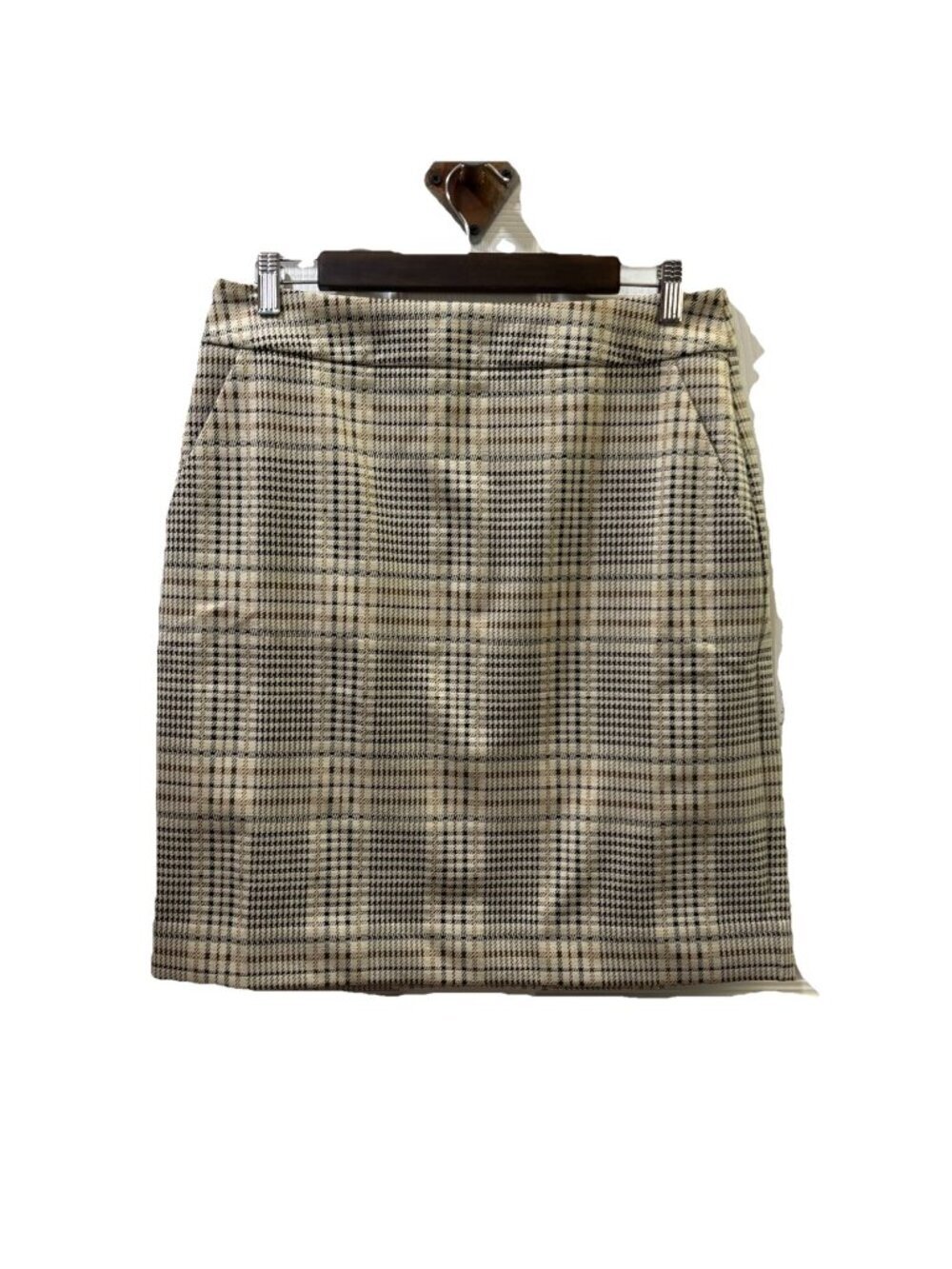 Cabi Preppy Skirt Beige Black Houndstooth Plaid With Pockets Size 8